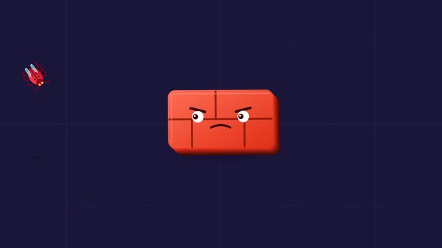 Cartoon brick character with facial expressions reacting to a bug