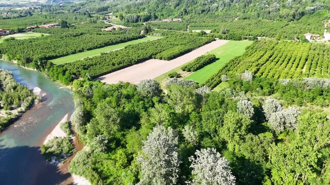 Aerial View of Tanaro River and Hazelnut Orchards in Piedmont Italy