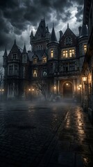 Obraz premium Abandoned hotel stands under a stormy sky with lit windows and fog on a cobblestone street.