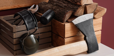 Wood chopping tools and firewood stacked for winter preparation and home heating © Pixel-Shot