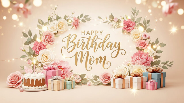 Birthday celebration, Happy Birthday Mom, gift and cake, floral decoration