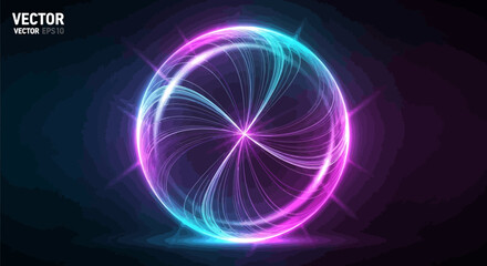 Abstract Neon Sphere Glowing with Swirling Energy Trails, Futuristic Digital Art © sardi