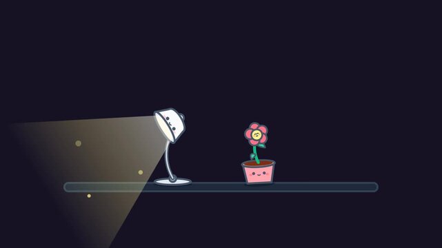 Animated desk lamp jumping and shining light near a potted flower
