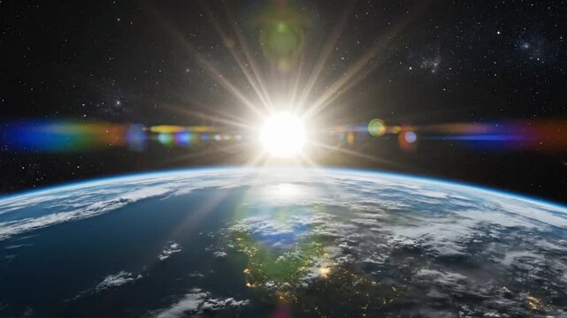 Sunrise above Earth from space shows light emerging and illuminating the planet below