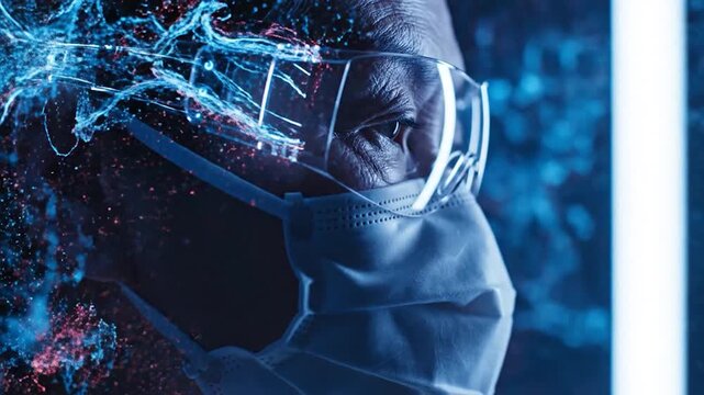 Scientist wearing medical mask and protective goggles looking at glowing digital particles in high tech laboratory