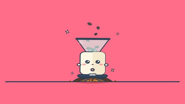 Cute kitchen robot processing food on pink background
