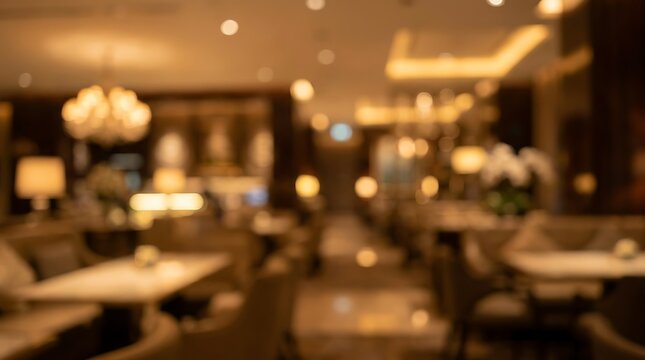 Blurred interior of an elegant restaurant or hotel lobby with warm golden bokeh lights creating a soft and inviting atmosphere