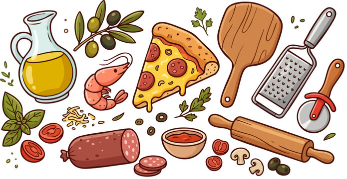 Italian pizza ingredients and kitchen tools vector set, hand drawn pepperoni pizza slice with olive oil and salami, rustic mediterranean food illustrations