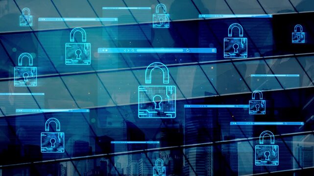 Digital Security Concept with Lock Icons on Reflective Glass Building Surface Against Urban Skyline Background. Entropy.