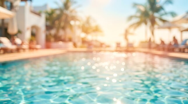 Blurred swimming pool water with sparkling light reflections and a resort background featuring palm trees and lounge chairs under a bright sunny sky