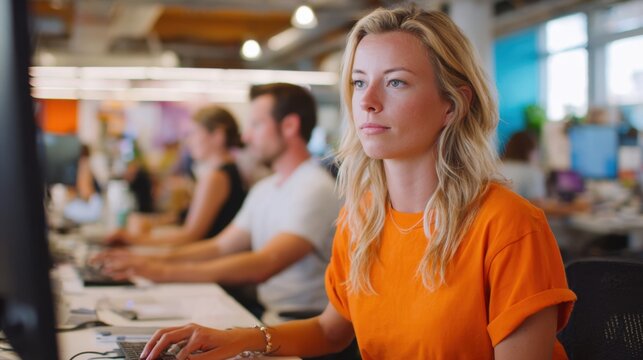 Female professional working on computer in modern office with colleagues