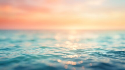 Fototapeta premium Close-up view of calm ocean water surface with soft ripples and golden sunlight reflection at sunset or sunrise, creating a serene and peaceful natural background.