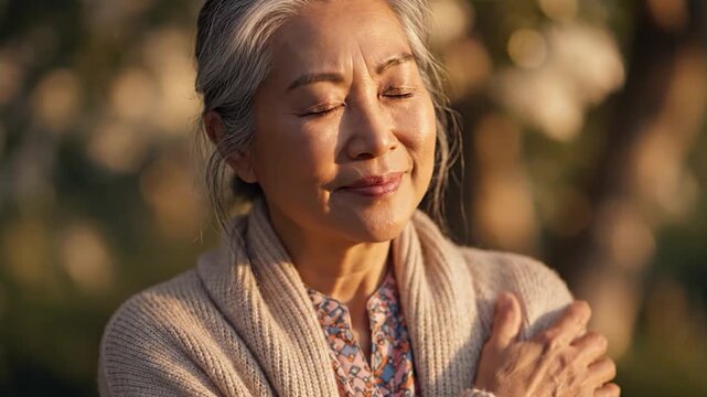 Senior Asian woman with grey hair smiling peacefully with eyes closed while hugging herself during golden hour sunset
