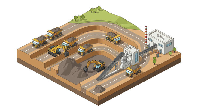 Open pit mining operation with heavy machinery and processing plant.