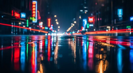 Obraz premium Dynamic long exposure shot of a wet city street at night, showcasing vibrant neon light reflections and blurred car light trails
