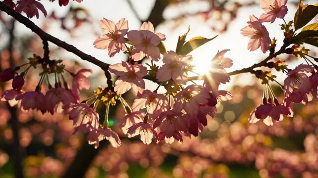 Cherry flowers blossom view on a bright day in spring with sunlight shining through petals