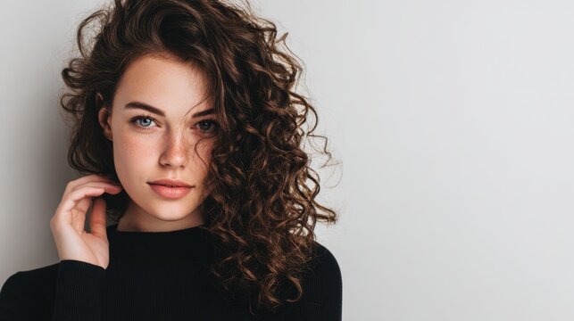 Portrait of Young Woman with Curly Hair and Natural Makeup in Studio Setting