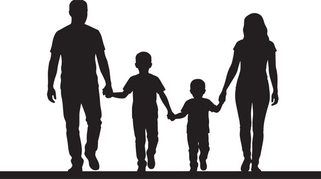 Family silhouette showing a mother and father holding hands with their two young sons while walking together outdoors.