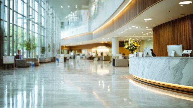 Modern, Spacious Lobby Area with Front Desk and Natural Lighting in Building
