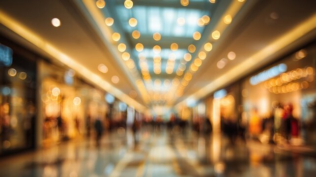 Modern shopping mall with bright lighting, busy walkways, and storefronts for retail shopping