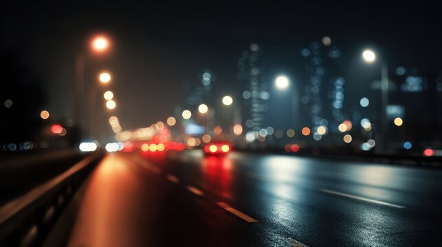Nighttime City Street Scene with Wet Road and Blurred Lights