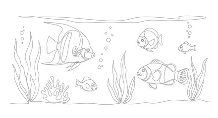 Naklejka premium Outline Drawing of Tropical Fish Swimming in Aquarium with Coral and Seaweed