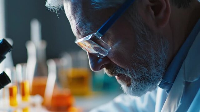Senior male scientist in white lab coat looking through microscope in dark modern laboratory environment