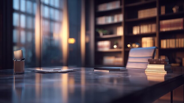 Modern executive office with bookshelf, desk, and reading materials in professional workspace