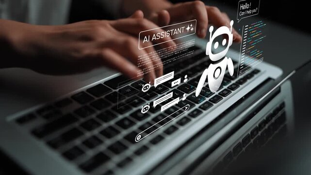 Futuristic Workspace with AI Assistant Interface Displayed on Laptop While User Engages in Programming or Digital Work. Entropy.