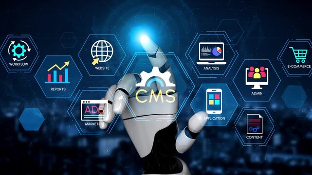Futuristic Robotic Hand Interacting with Digital Icons Representing Content Management Systems, Technology, and Business Solutions. Entropy.