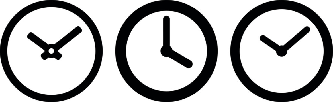 Three distinct black and white clock icons arranged side-by-side, illustrating different times of the day