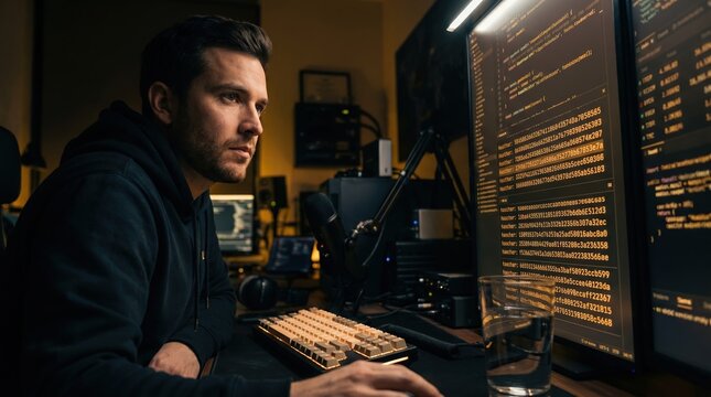 Male software developer writing computer code at dark home office with dual monitors for cybersecurity and backend programming