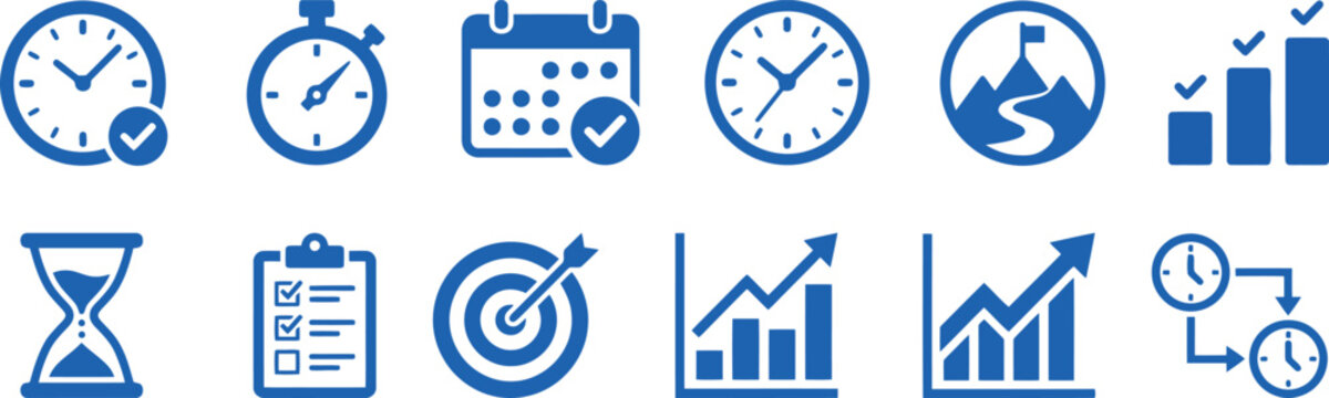 Blue time management and business productivity vector icon set featuring clock, calendar, stopwatch, target, and growth charts