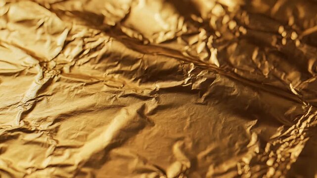 Luxury golden foil texture close up with metallic sheen and reflective light patterns