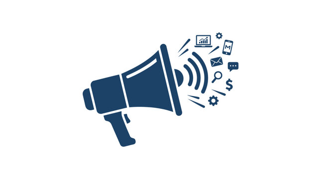 Megaphone with icons around it loudspeaker.