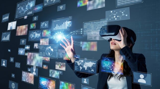 Businesswoman wearing VR headset interacting with futuristic digital interface screens, virtual reality technology, and augmented reality concept in dark space.