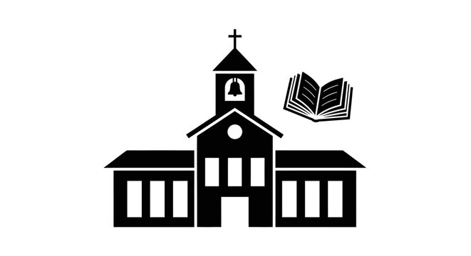 Church Building Icon with Open Holy Bible Book Silhouette