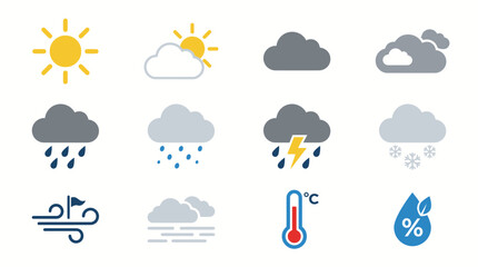 Obraz premium Weather forecast icons on white background.