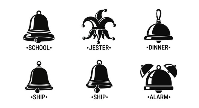Collection of Bell Icons: School, Jester, Dinner, Ship, Alarm
