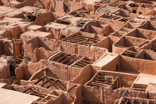 High angle view of the ruined mudbrick houses and traditional roofs in AlUla Old Town, Saudi Arabia