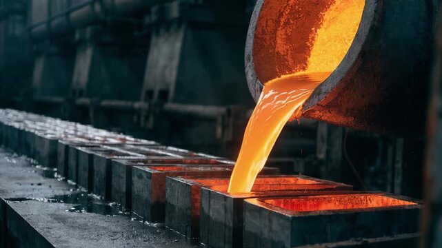 Molten tin flows smoothly into bar molds in a controlled industrial setting capturing the glowing surface as it solidifies into shiny ingots.