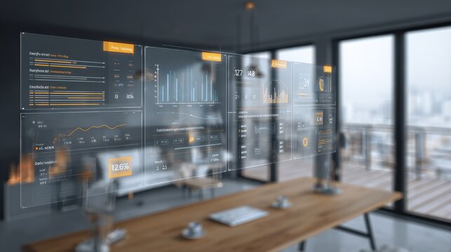 Modern Business Office with Large Digital Data Display and City View