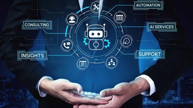 Business Professional Holding Digital Interface with Automation, AI Services, and Support Icons in a Modern City Background. Entropy.