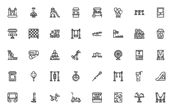 Amusement park icon set. Minimalist icons pack. Includes symbols for bouncy castle, roller coaster, carousel, haunted house, bumper car, ticket, slide and more. Editable vector stroke.