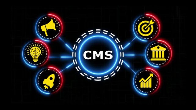 Digital infographic with cms text and animated glowing icons for business growth.