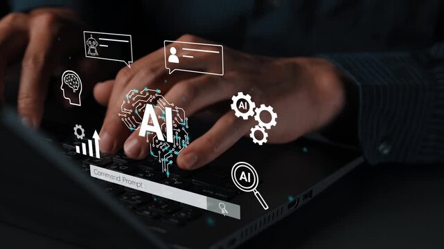 Hands Typing on Laptop with AI Concept Illustrations and Digital Elements Representing Technology, Innovation, and Data Analysis in a Dark Setting. Entropy.