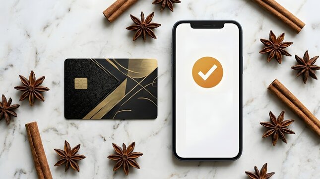 Flat lay of black gold credit card and smartphone with checkout mark on marble