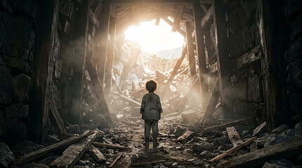 Fototapeta premium A lonely child stands among the rubble and debris of a collapsed building, looking toward a bright light at the exit of a tunnel.