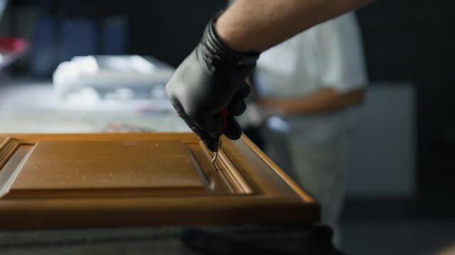 Professional refinisher uses a detail pick to remove grease and buildup from a kitchen cabinet, ideal for restoration, woodworking, and renovation visuals.