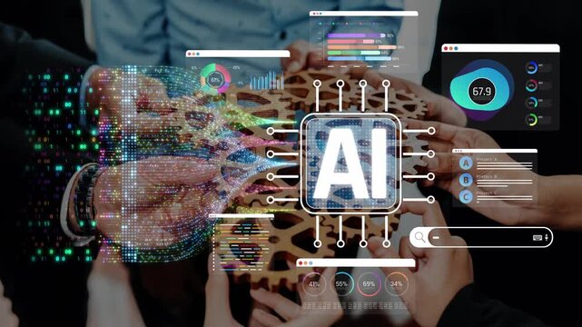 Collaborative Business Meeting with AI Technology and Data Visualizations in a Modern Office Setting Sigmoid